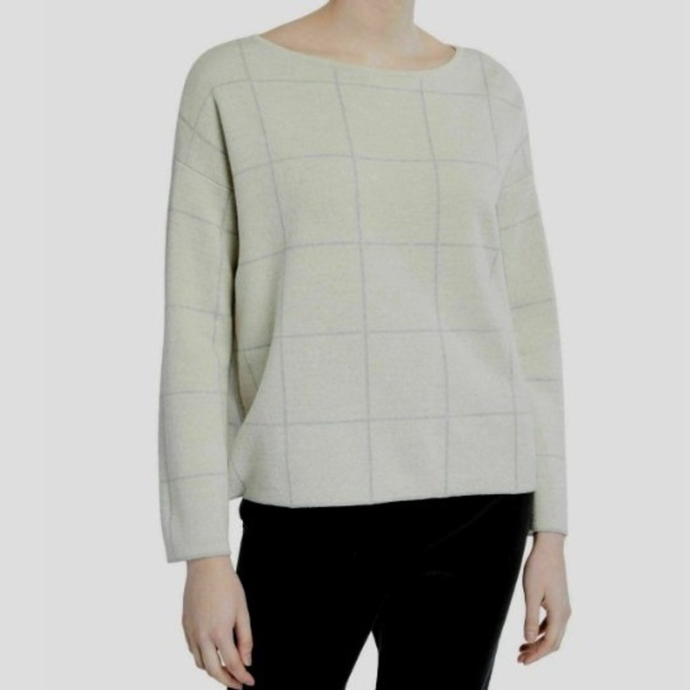 Eileen Fisher Women's Windowpane Merino Wool Sweater Size M Grey Cream - Picture 2 of 12